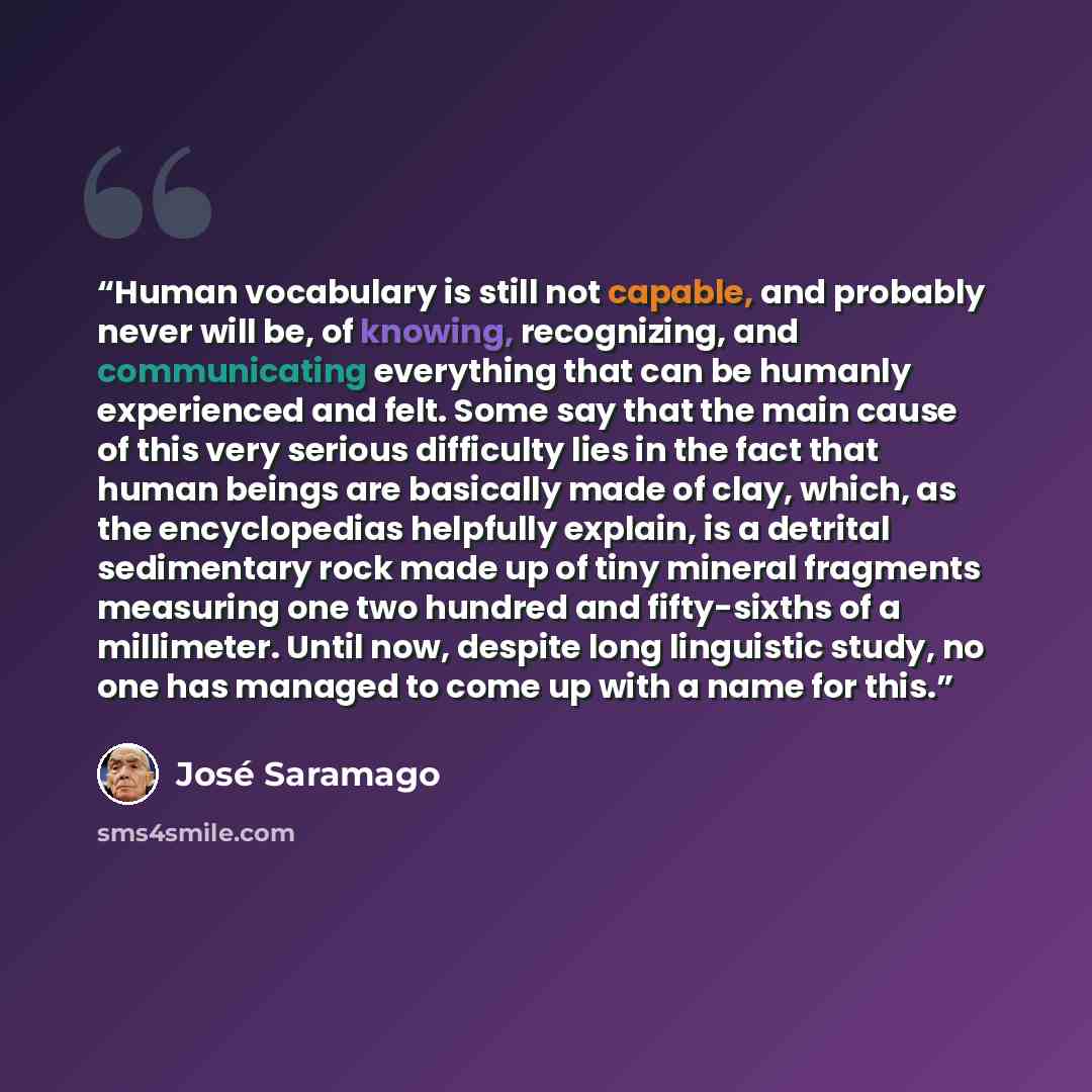 “Human vocabulary is still not capable, and probably never will be, of knowing, recognizing, and communicating everything that can be humanly experienced and felt. Some say that the main cause of this very serious difficulty lies in the fact that human beings are basically made of clay, which, as…” quote by José Saramago