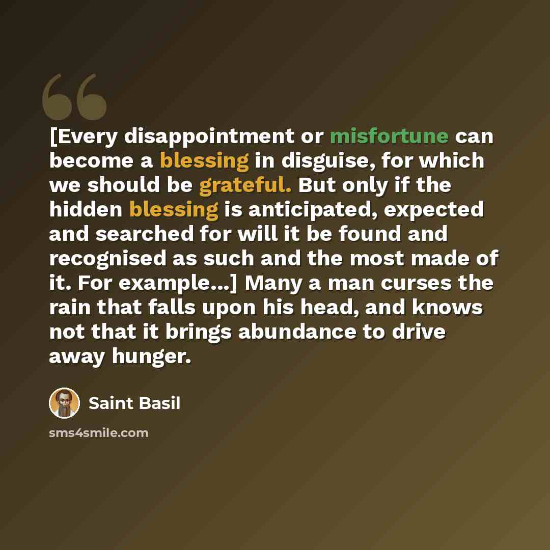 “[Every disappointment or misfortune can become a blessing in disguise, for which we should be grateful. But only if the hidden blessing is anticipated, expected and searched for will it be found and recognised as such and the most made of it. For example...] Many a man curses the rain that falls…” quote by Saint Basil