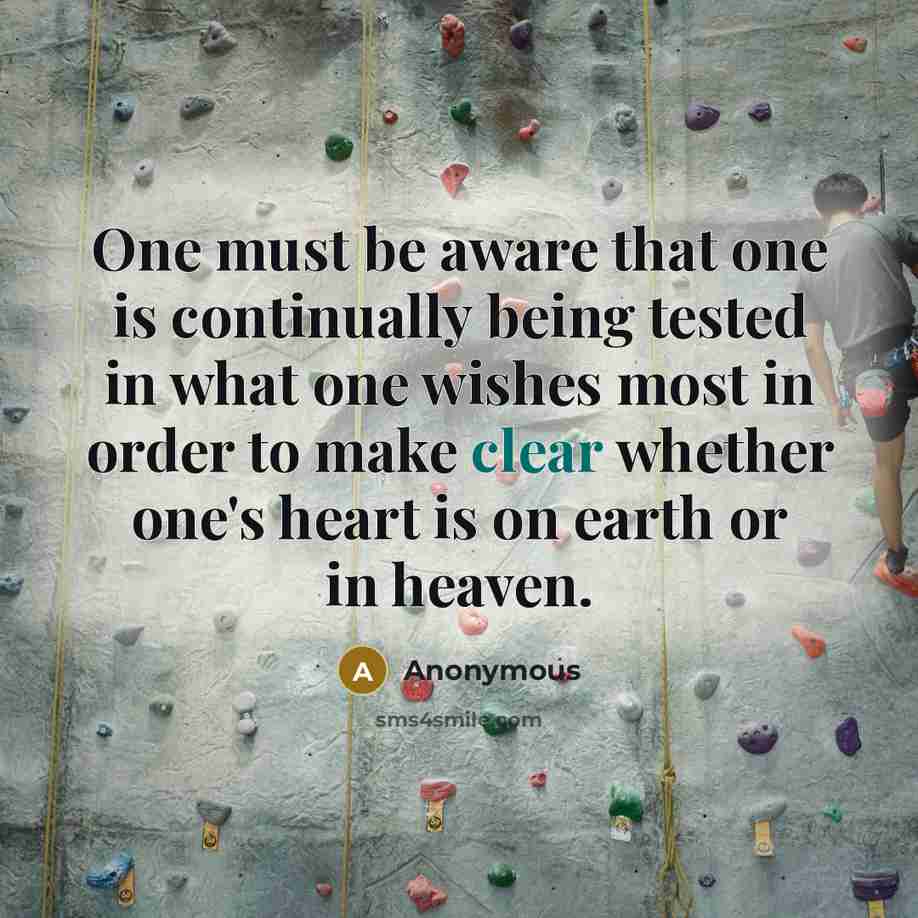 “One must be aware that one is continually being tested in what one wishes most in order to make clear whether one's heart is on earth or in heaven.” quote by Anonymous