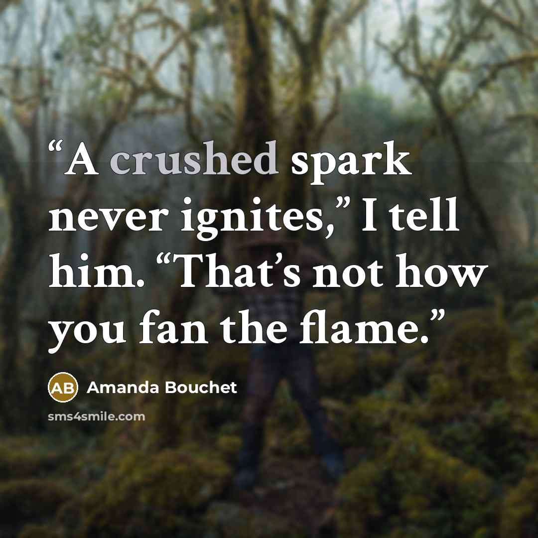 “A crushed spark never ignites,” I tell him. “That’s not how you fan the flame.” quote by Amanda Bouchet