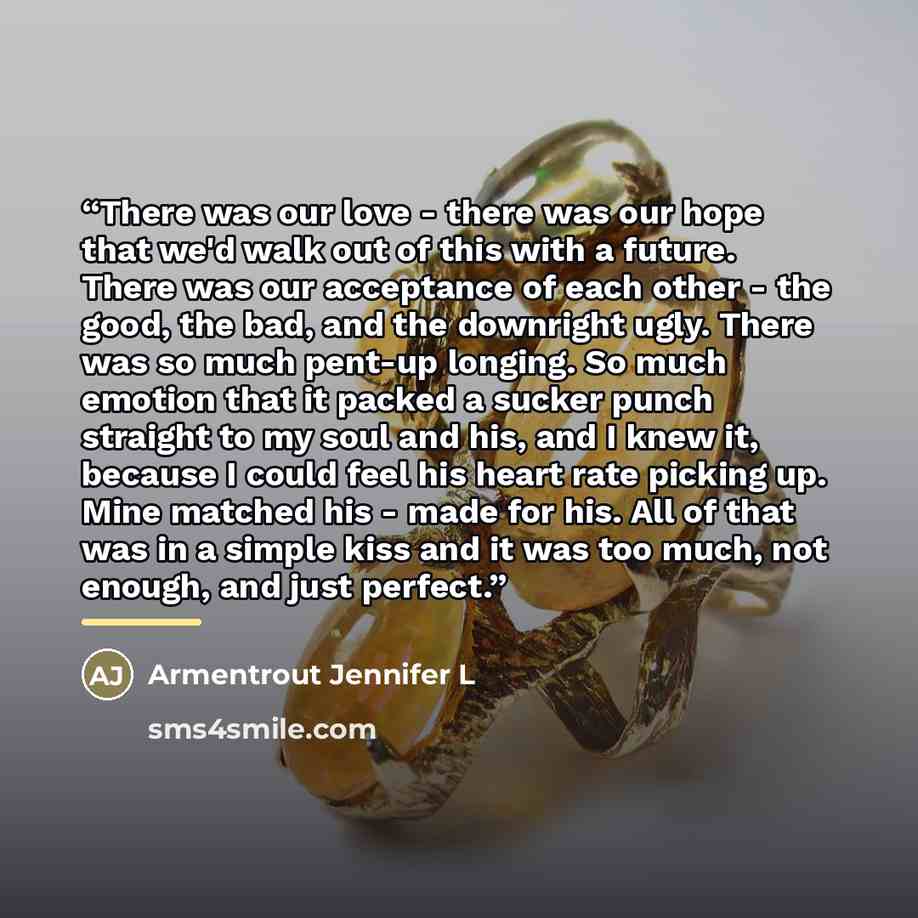 “There was our love - there was our hope that we'd walk out of this with a future. There was our acceptance of each other - the good, the bad, and the downright ugly. There was so much pent-up longing. So much emotion that it packed a sucker punch straight to my soul and his, and I knew it, because…” quote by Armentrout Jennifer L