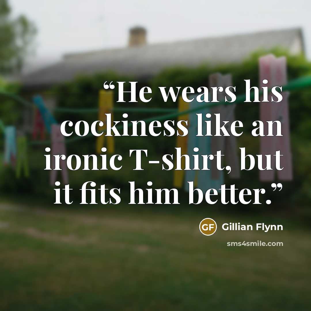 “He wears his cockiness like an ironic T-shirt, but it fits him better.” quote by Gillian Flynn