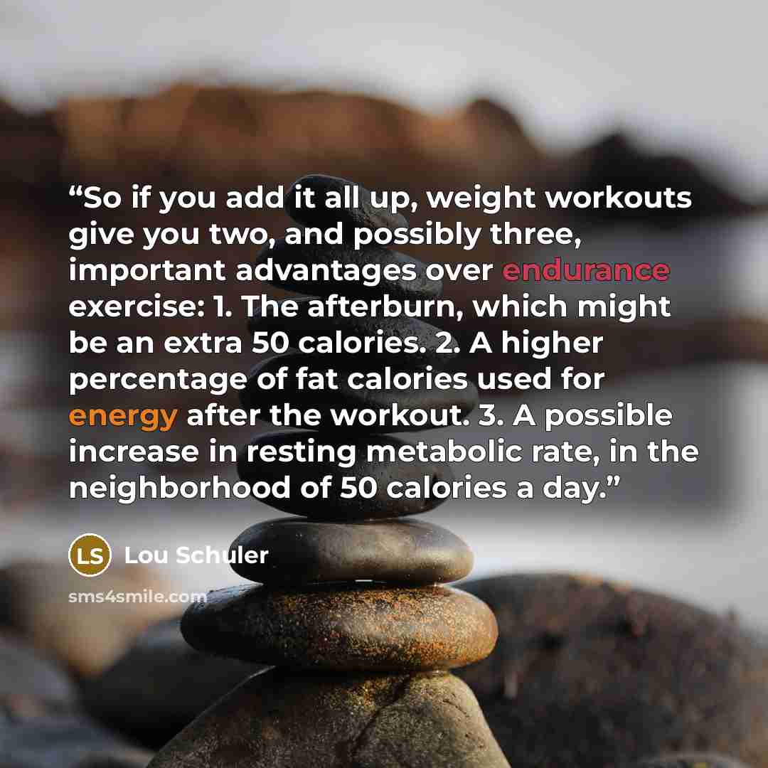 “So if you add it all up, weight workouts give you two, and possibly three, important advantages over endurance exercise: 1. The afterburn, which might be an extra 50 calories. 2. A higher percentage of fat calories used for energy after the workout. 3. A possible increase in resting metabolic…” quote by Lou Schuler