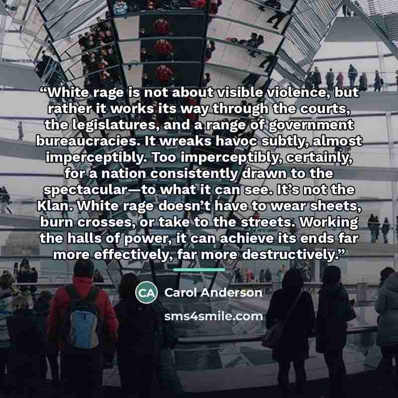 “White rage is not about visible violence, but rather it works its way through the courts, the legislatures, and a range of government bureaucracies. It wreaks havoc subtly, almost imperceptibly. Too imperceptibly, certainly, for a nation consistently drawn to the spectacular—to what it can see…” quote by Carol Anderson