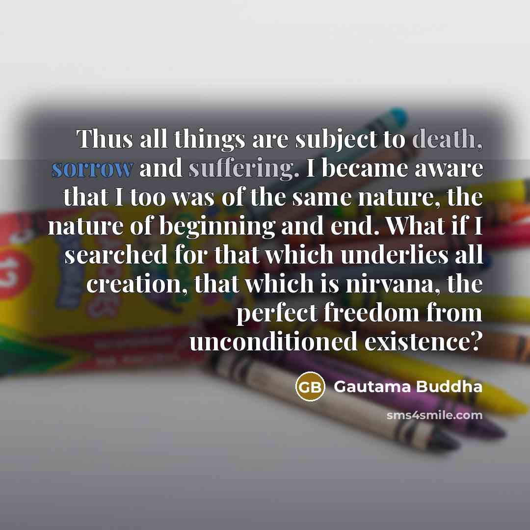 “Thus all things are subject to death, sorrow and suffering. I became aware that I too was of the same nature, the nature of beginning and end. What if I searched for that which underlies all creation, that which is nirvana, the perfect freedom from unconditioned existence?” quote by Gautama Buddha