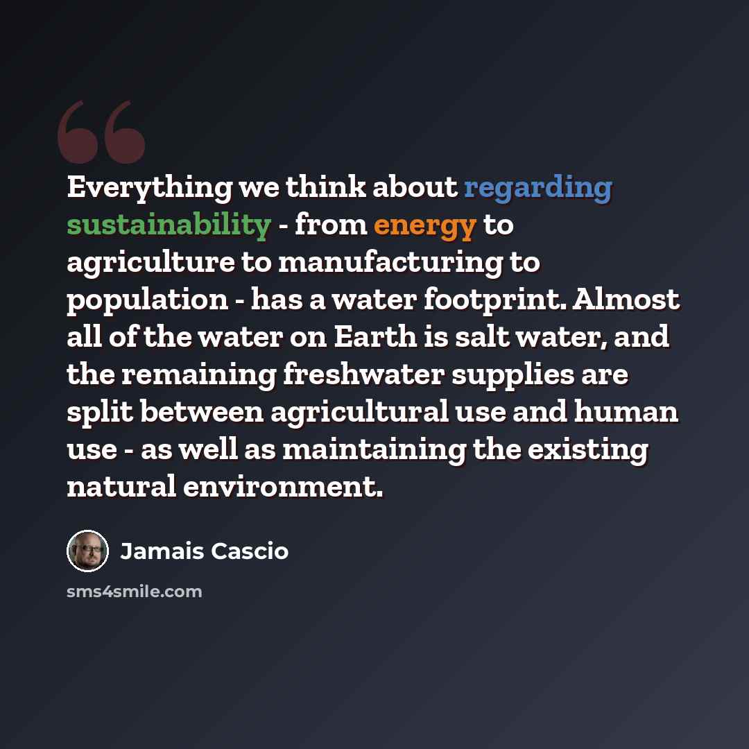 “Everything we think about regarding sustainability - from energy to agriculture to manufacturing to population - has a water footprint. Almost all of the water on Earth is salt water, and the remaining freshwater supplies are split between agricultural use and human use - as well as maintaining…” quote by Jamais Cascio