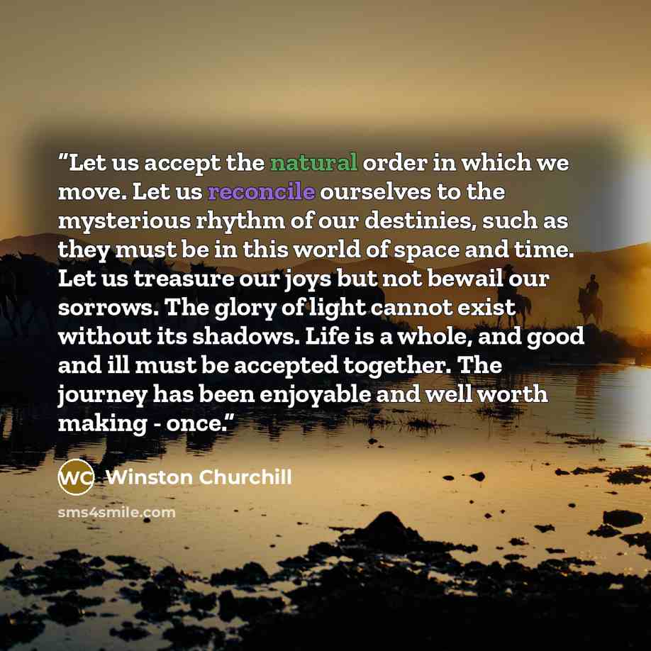 “Let us accept the natural order in which we move. Let us reconcile ourselves to the mysterious rhythm of our destinies, such as they must be in this world of space and time. Let us treasure our joys but not bewail our sorrows. The glory of light cannot exist without its shadows. Life is a whole…” quote by Winston Churchill