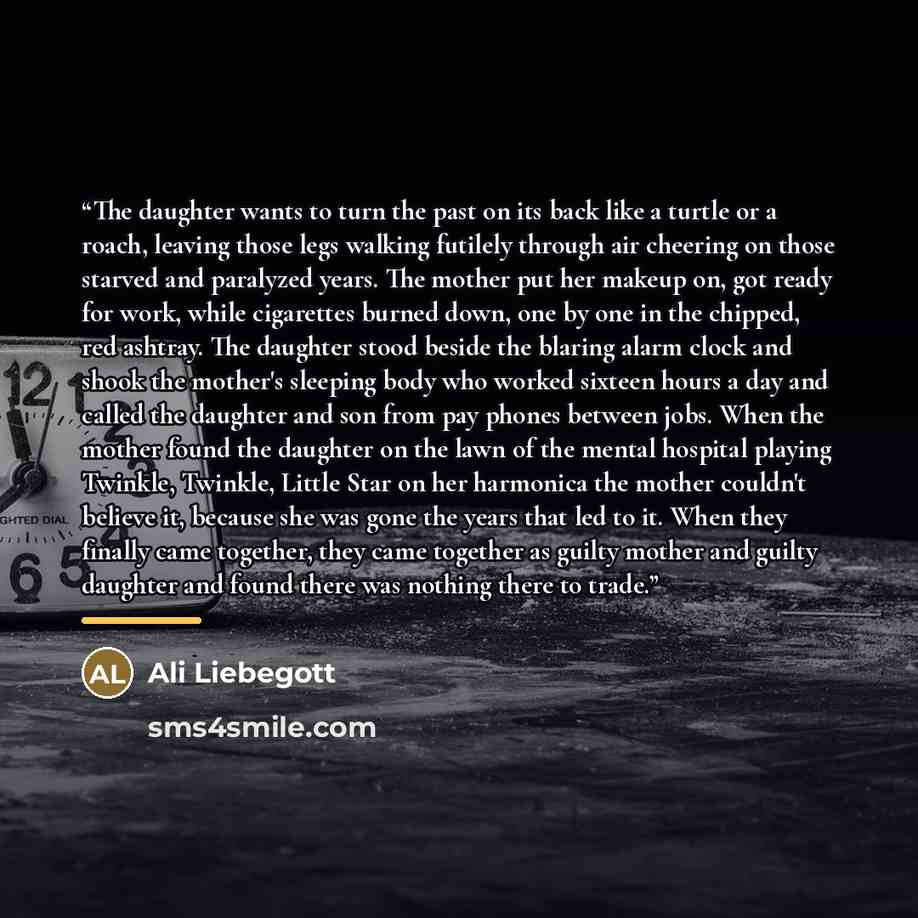 “The daughter wants to turn the past on its back like a turtle or a roach, leaving those legs walking futilely through air cheering on those starved and paralyzed years. The mother put her makeup on, got ready for work, while cigarettes burned down, one by one in the chipped, red ashtray. The…” quote by Ali Liebegott