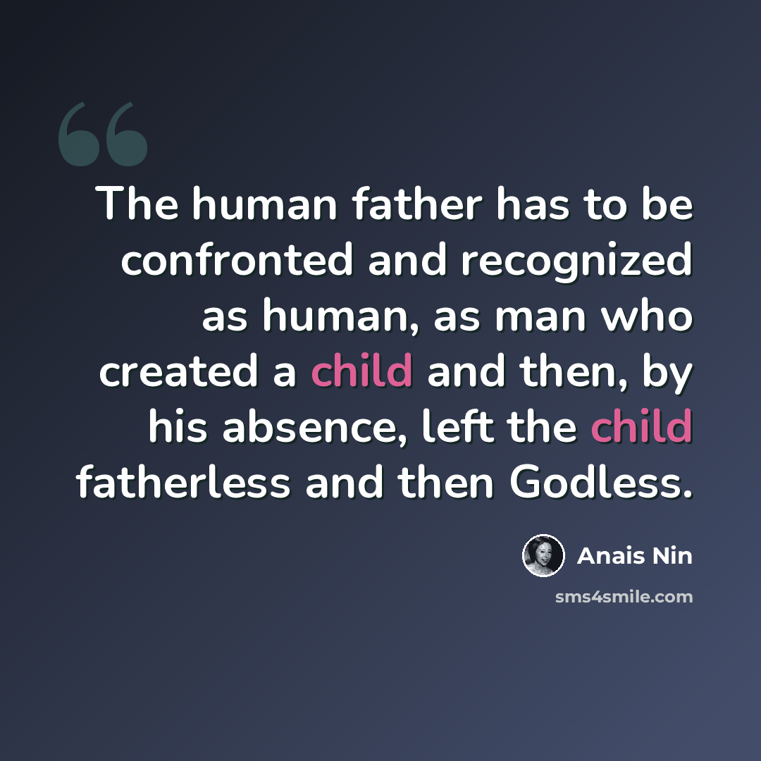 “The human father has to be confronted and recognized as human, as man who created a child and then, by his absence, left the child fatherless and then Godless.” quote by Anais Nin