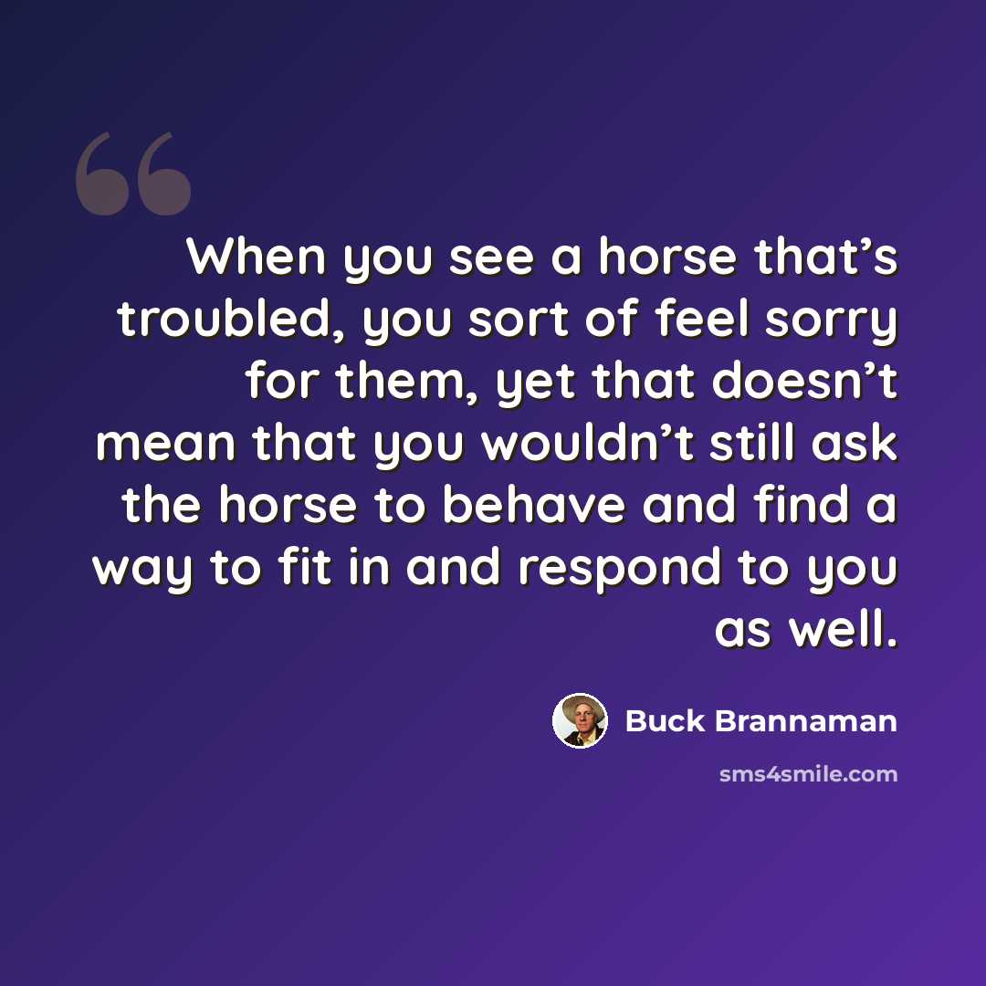 “When you see a horse that’s troubled, you sort of feel sorry for them, yet that doesn’t mean that you wouldn’t still ask the horse to behave and find a way to fit in and respond to you as well.” quote by Buck Brannaman