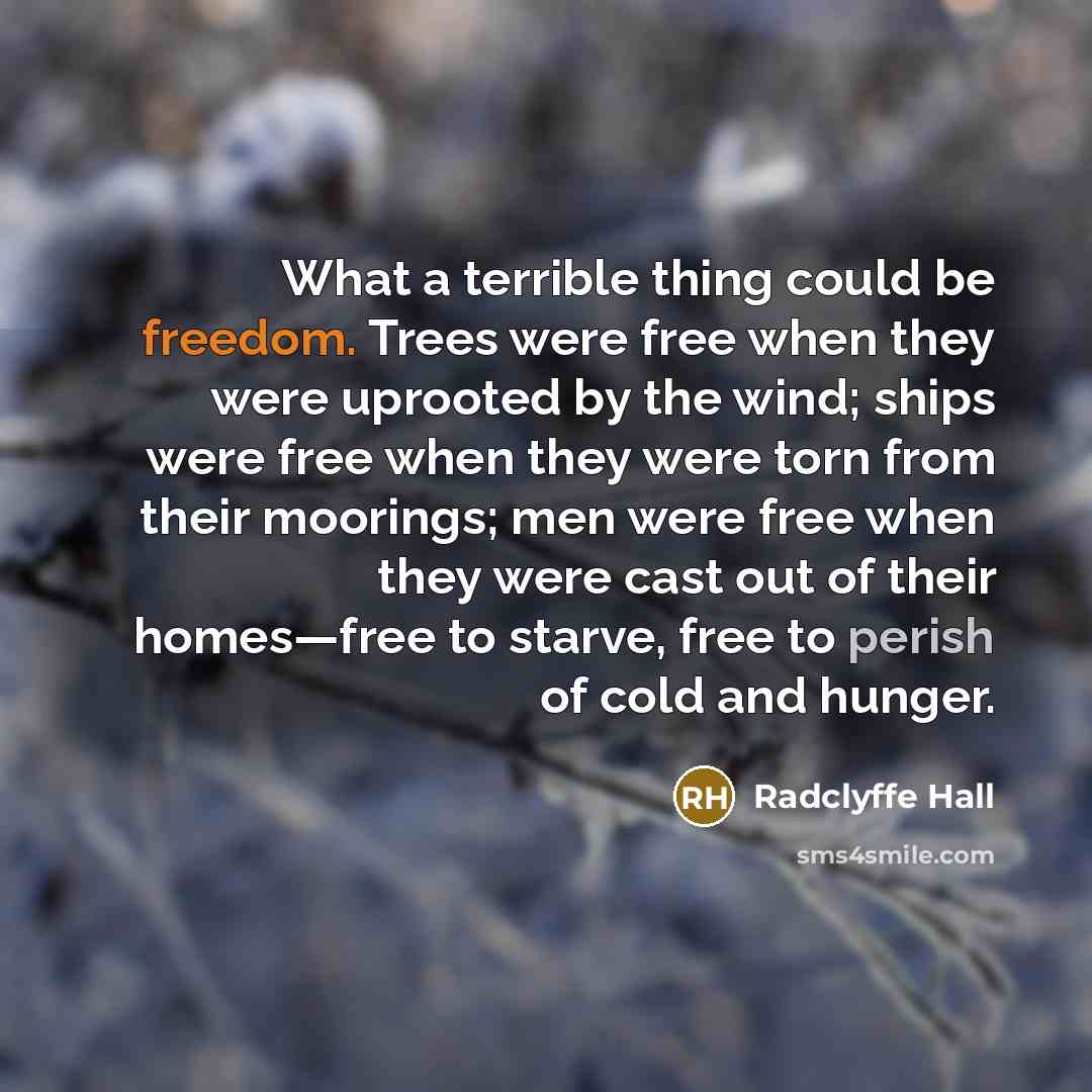 “What a terrible thing could be freedom. Trees were free when they were uprooted by the wind; ships were free when they were torn from their moorings; men were free when they were cast out of their homes—free to starve, free to perish of cold and hunger.” quote by Radclyffe Hall