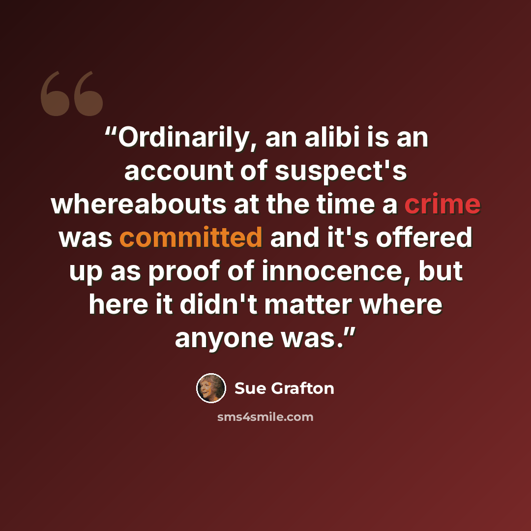 “Ordinarily, an alibi is an account of suspect's whereabouts at the time a crime was committed and it's offered up as proof of innocence, but here it didn't matter where anyone was.” quote by Sue Grafton