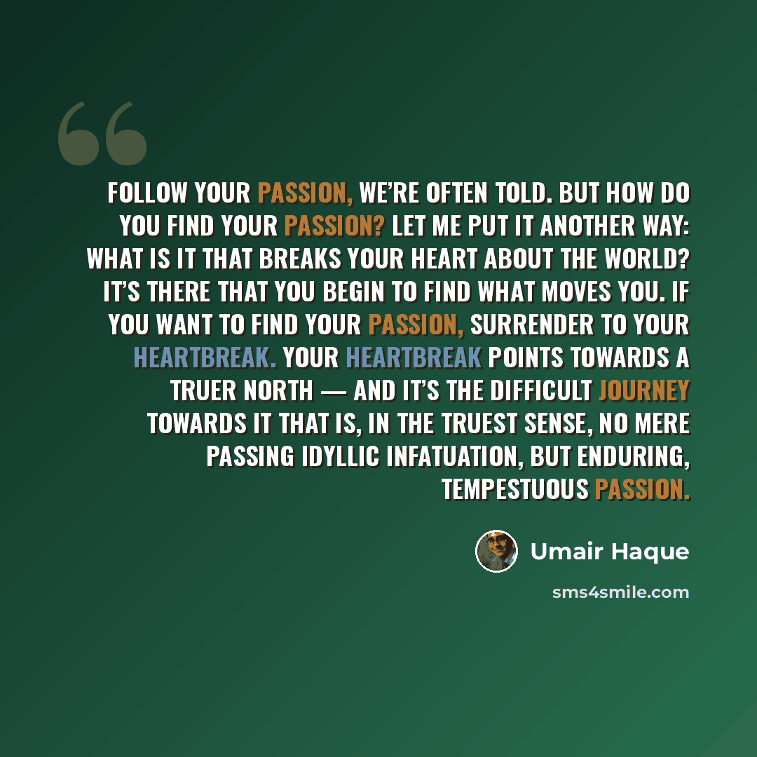 “Follow your passion, we’re often told. But how do you find your passion? Let me put it another way: what is it that breaks your heart about the world? It’s there that you begin to find what moves you. If you want to find your passion, surrender to your heartbreak. Your heartbreak points towards a…” quote by Umair Haque