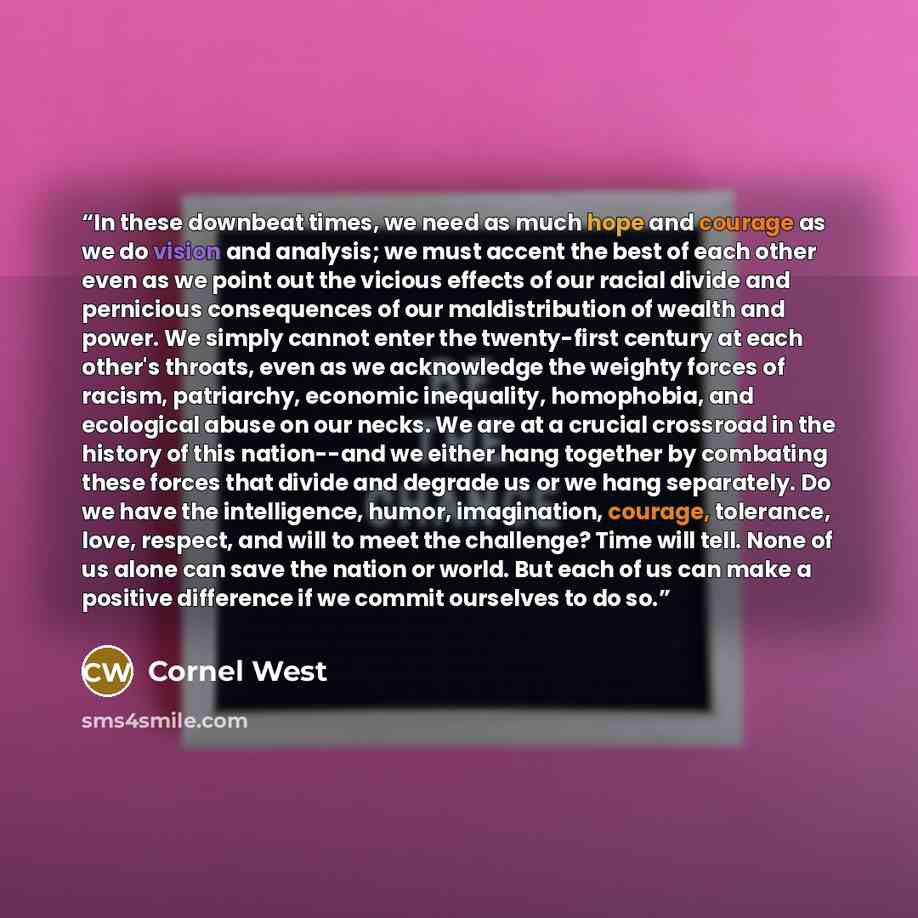 “In these downbeat times, we need as much hope and courage as we do vision and analysis; we must accent the best of each other even as we point out the vicious effects of our racial divide and pernicious consequences of our maldistribution of wealth and power. We simply cannot enter the…” quote by Cornel West