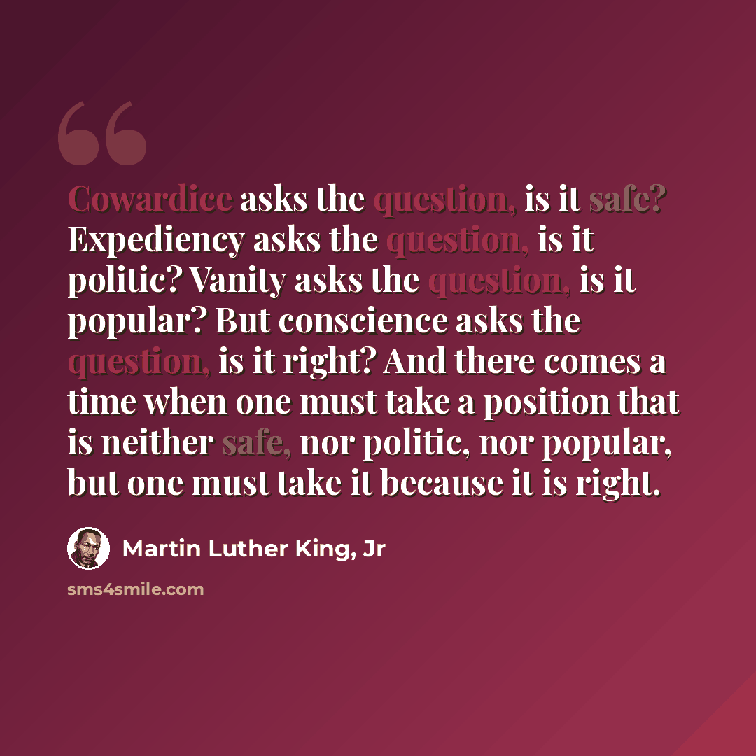 “Cowardice asks the question, is it safe? Expediency asks the question, is it politic? Vanity asks the question, is it popular? But conscience asks the question, is it right? And there comes a time when one must take a position that is neither safe, nor politic, nor popular, but one must take it…” quote by Martin Luther King, Jr