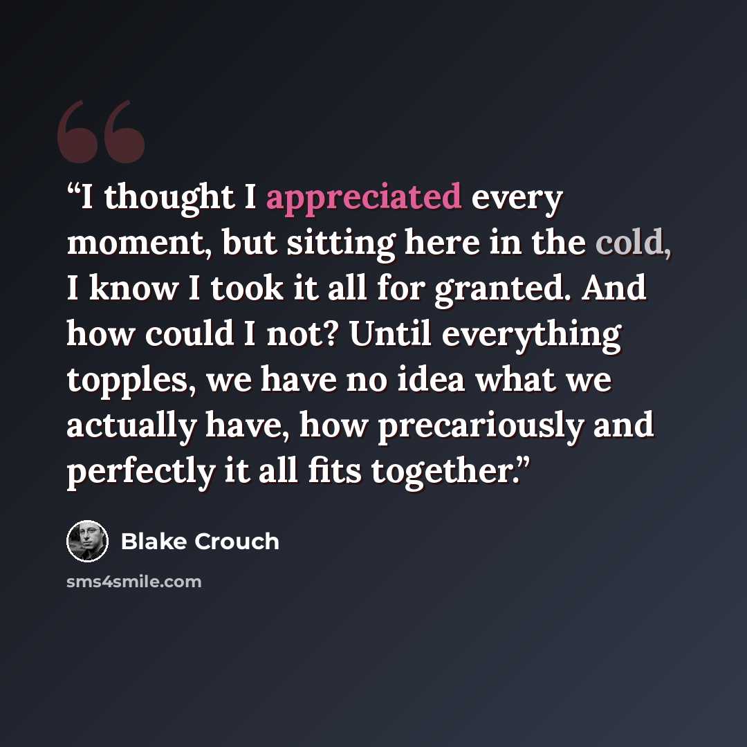“I thought I appreciated every moment, but sitting here in the cold, I know I took it all for granted. And how could I not? Until everything topples, we have no idea what we actually have, how precariously and perfectly it all fits together.” quote by Blake Crouch