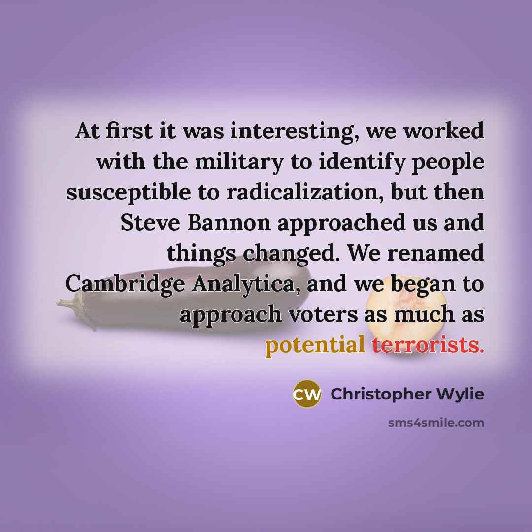 “At first it was interesting, we worked with the military to identify people susceptible to radicalization, but then Steve Bannon approached us and things changed. We renamed Cambridge Analytica, and we began to approach voters as much as potential terrorists.” quote by Christopher Wylie