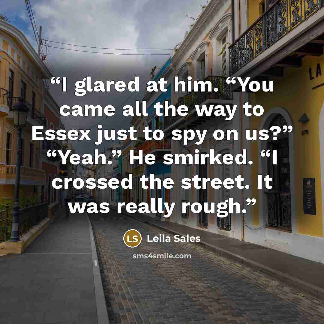 “I glared at him. “You came all the way to Essex just to spy on us?” “Yeah.” He smirked. “I crossed the street. It was really rough.” quote by Leila Sales