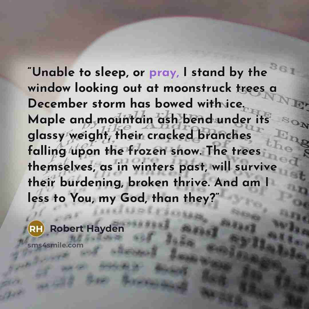 “Unable to sleep, or pray, I stand by the window looking out at moonstruck trees a December storm has bowed with ice. Maple and mountain ash bend under its glassy weight, their cracked branches falling upon the frozen snow. The trees themselves, as in winters past, will survive their burdening…” quote by Robert Hayden