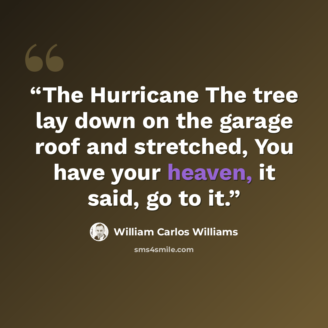 “The Hurricane The tree lay down on the garage roof and stretched, You have your heaven, it said, go to it.” quote by William Carlos Williams