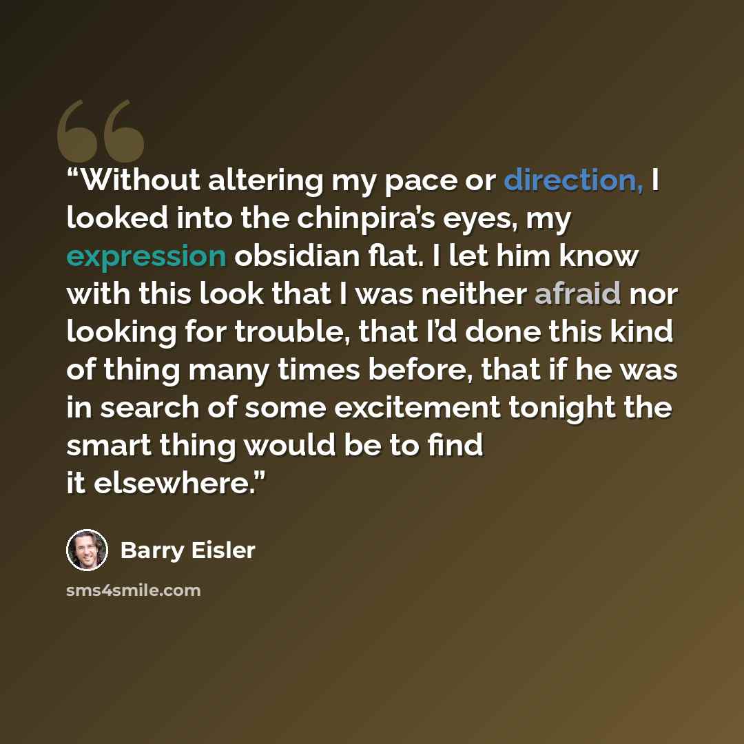 “Without altering my pace or direction, I looked into the chinpira’s eyes, my expression obsidian flat. I let him know with this look that I was neither afraid nor looking for trouble, that I’d done this kind of thing many times before, that if he was in search of some excitement tonight the smart…” quote by Barry Eisler