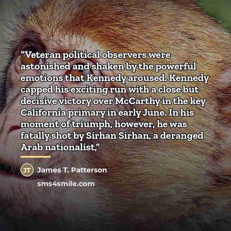 “Veteran political observers were astonished and shaken by the powerful emotions that Kennedy aroused. Kennedy capped his exciting run with a close but decisive victory over McCarthy in the key California primary in early June. In his moment of triumph, however, he was fatally shot by Sirhan…” quote by James T. Patterson
