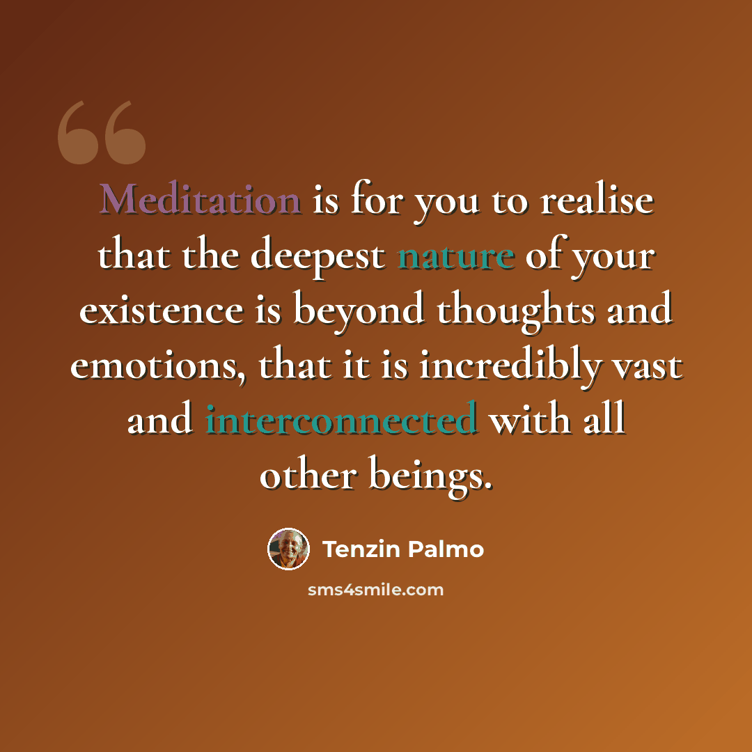 “Meditation is for you to realise that the deepest nature of your existence is beyond thoughts and emotions, that it is incredibly vast and interconnected with all other beings.” quote by Tenzin Palmo