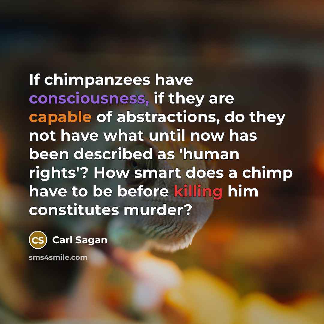 “If chimpanzees have consciousness, if they are capable of abstractions, do they not have what until now has been described as 'human rights'? How smart does a chimp have to be before killing him constitutes murder?” quote by Carl Sagan