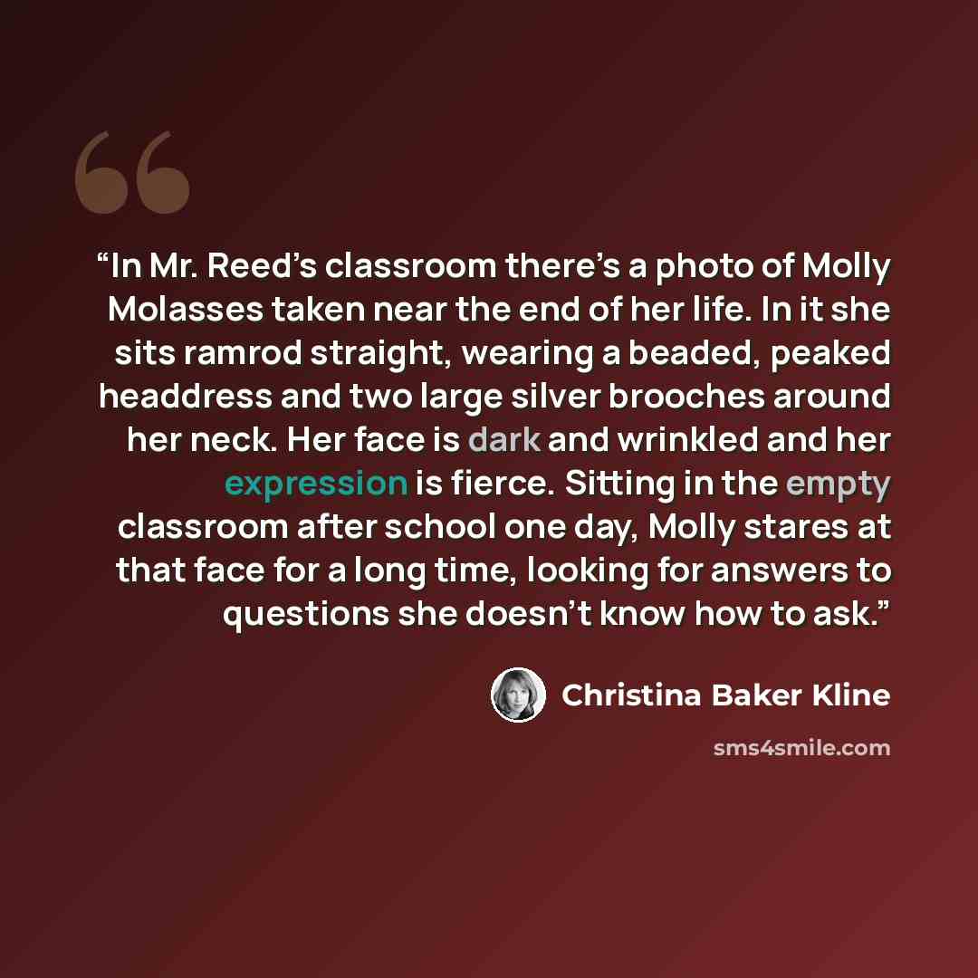 “In Mr. Reed’s classroom there’s a photo of Molly Molasses taken near the end of her life. In it she sits ramrod straight, wearing a beaded, peaked headdress and two large silver brooches around her neck. Her face is dark and wrinkled and her expression is fierce. Sitting in the empty classroom…” quote by Christina Baker Kline