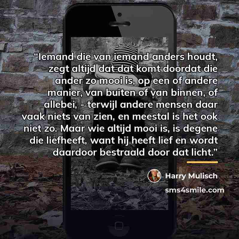“Iemand die van iemand anders houdt, zegt altijd dat dat komt doordat die ander zo mooi is, op een of andere manier, van buiten of van binnen, of allebei, - terwijl andere mensen daar vaak niets van zien, en meestal is het ook niet zo. Maar wie altijd mooi is, is degene die liefheeft, want hij…” quote by Harry Mulisch