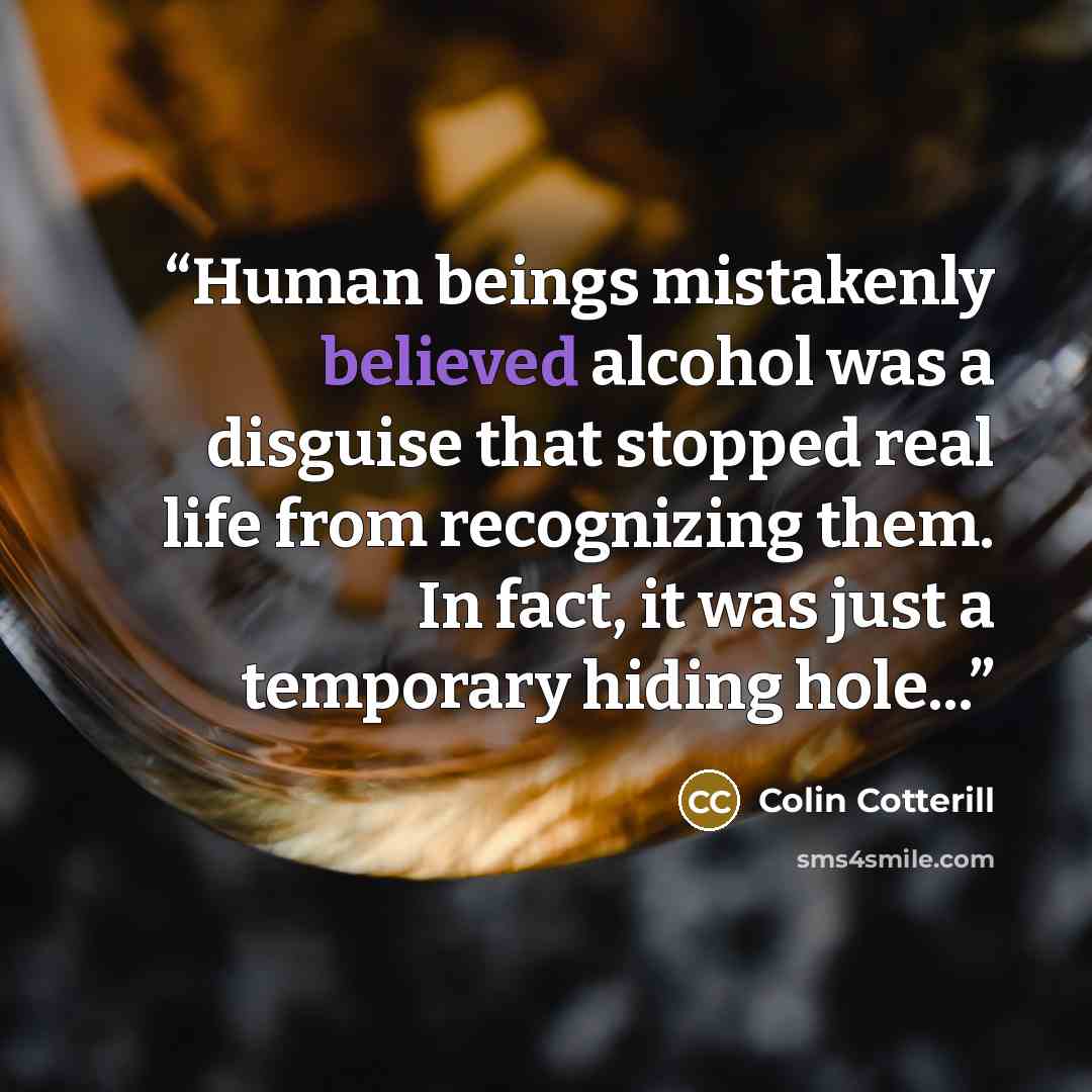 “Human beings mistakenly believed alcohol was a disguise that stopped real life from recognizing them. In fact, it was just a temporary hiding hole...” quote by Colin Cotterill