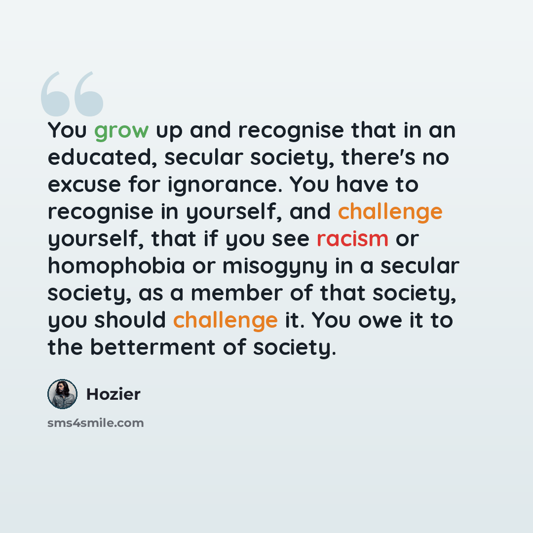 “You grow up and recognise that in an educated, secular society, there's no excuse for ignorance. You have to recognise in yourself, and challenge yourself, that if you see racism or homophobia or misogyny in a secular society, as a member of that society, you should challenge it. You owe it to the…” quote by Hozier