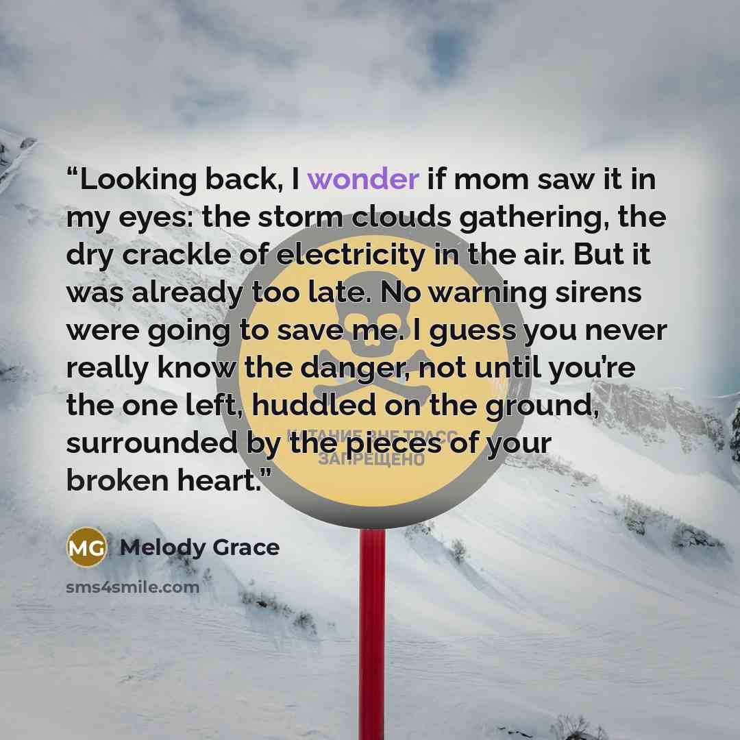 “Looking back, I wonder if mom saw it in my eyes: the storm clouds gathering, the dry crackle of electricity in the air. But it was already too late. No warning sirens were going to save me. I guess you never really know the danger, not until you’re the one left, huddled on the ground, surrounded…” quote by Melody Grace