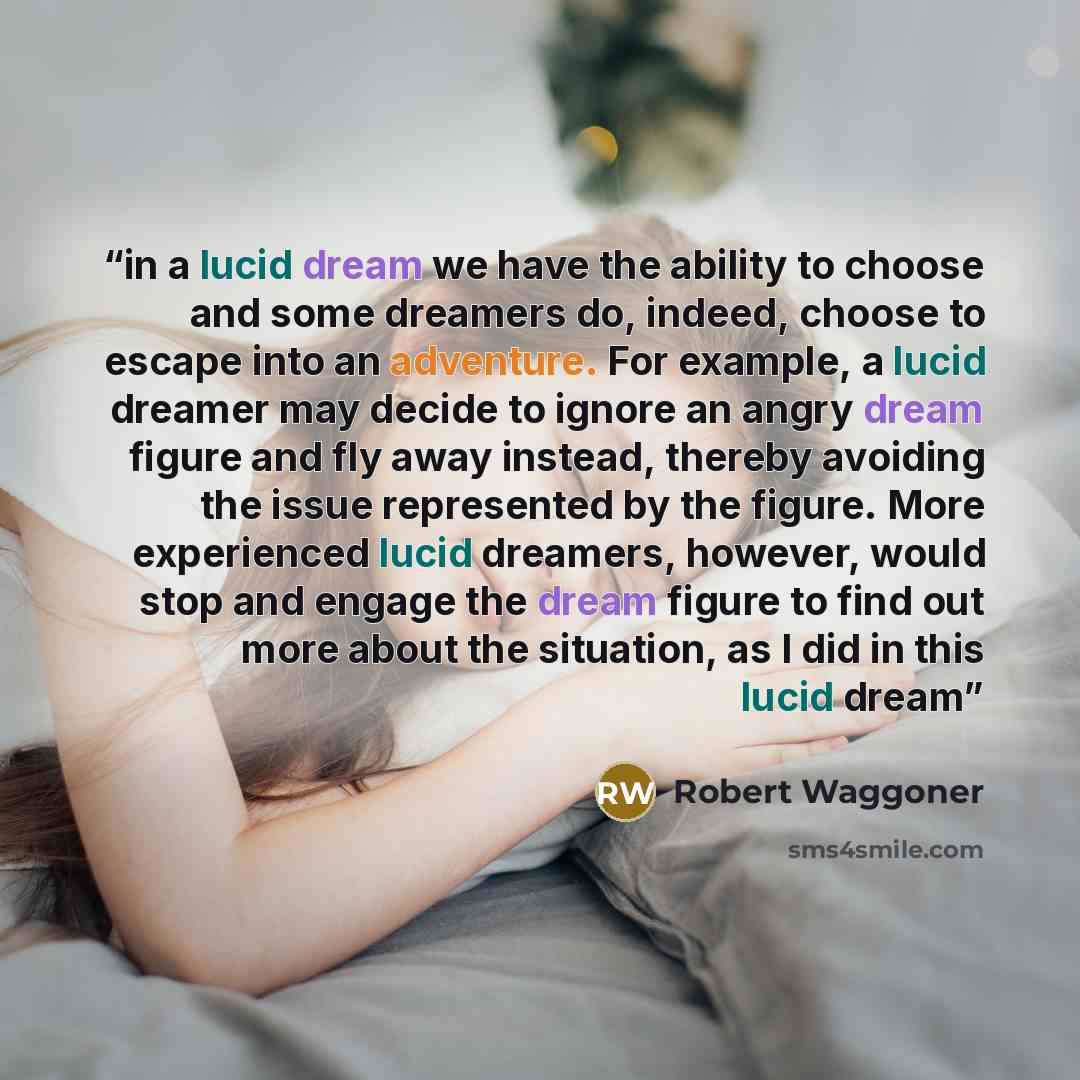“in a lucid dream we have the ability to choose and some dreamers do, indeed, choose to escape into an adventure. For example, a lucid dreamer may decide to ignore an angry dream figure and fly away instead, thereby avoiding the issue represented by the figure. More experienced lucid dreamers…” quote by Robert Waggoner