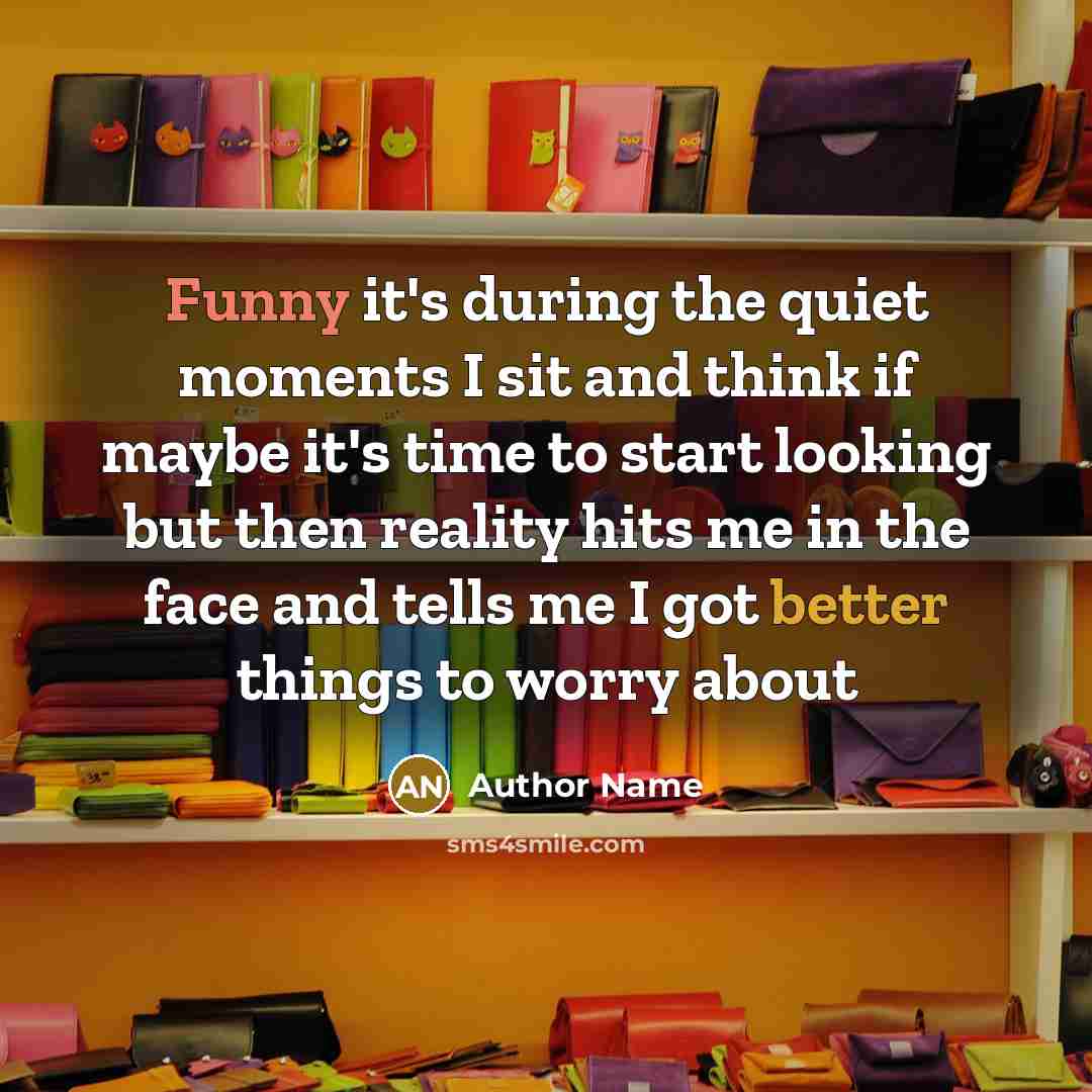 “Funny it's during the quiet moments I sit and think if maybe it's time to start looking but then reality hits me in the face and tells me I got better things to worry about” quote by Author Name