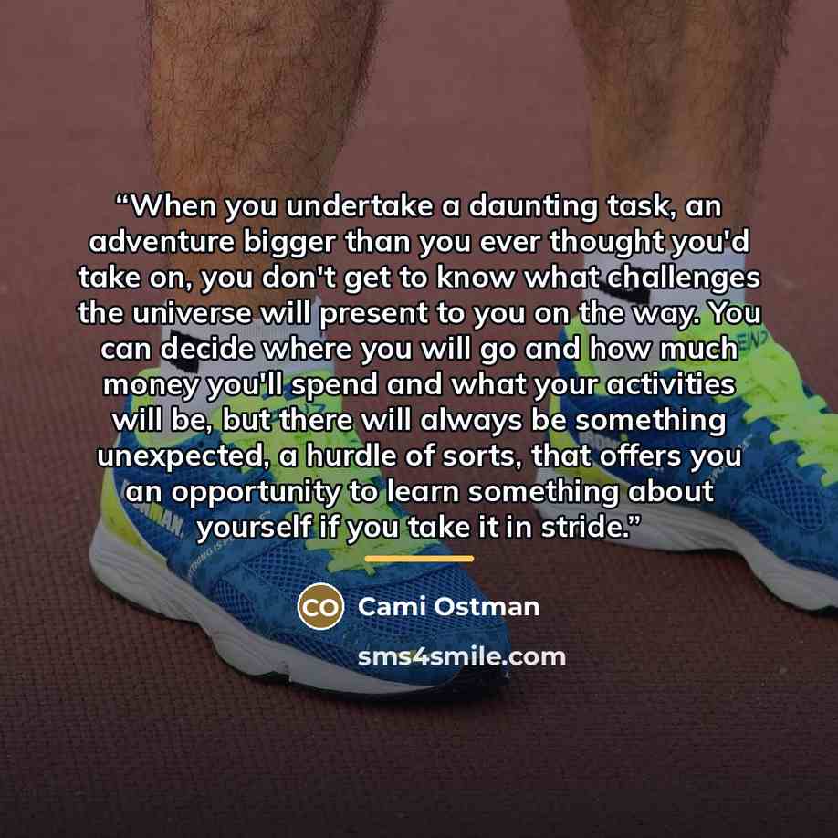 “When you undertake a daunting task, an adventure bigger than you ever thought you'd take on, you don't get to know what challenges the universe will present to you on the way. You can decide where you will go and how much money you'll spend and what your activities will be, but there will always…” quote by Cami Ostman