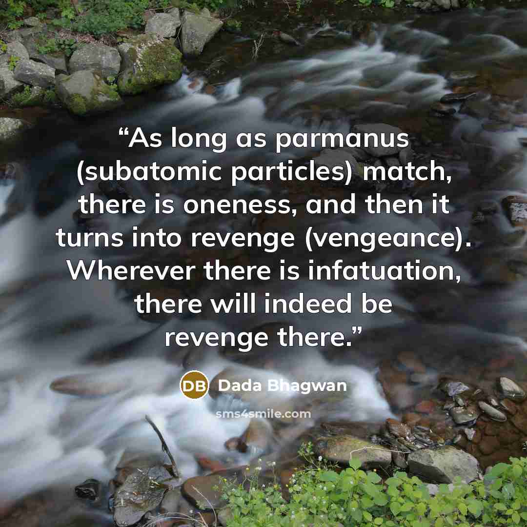 “As long as parmanus (subatomic particles) match, there is oneness, and then it turns into revenge (vengeance). Wherever there is infatuation, there will indeed be revenge there.” quote by Dada Bhagwan