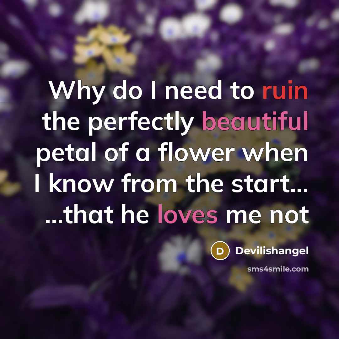 “Why do I need to ruin the perfectly beautiful petal of a flower when I know from the start... ...that he loves me not” quote by Devilishangel