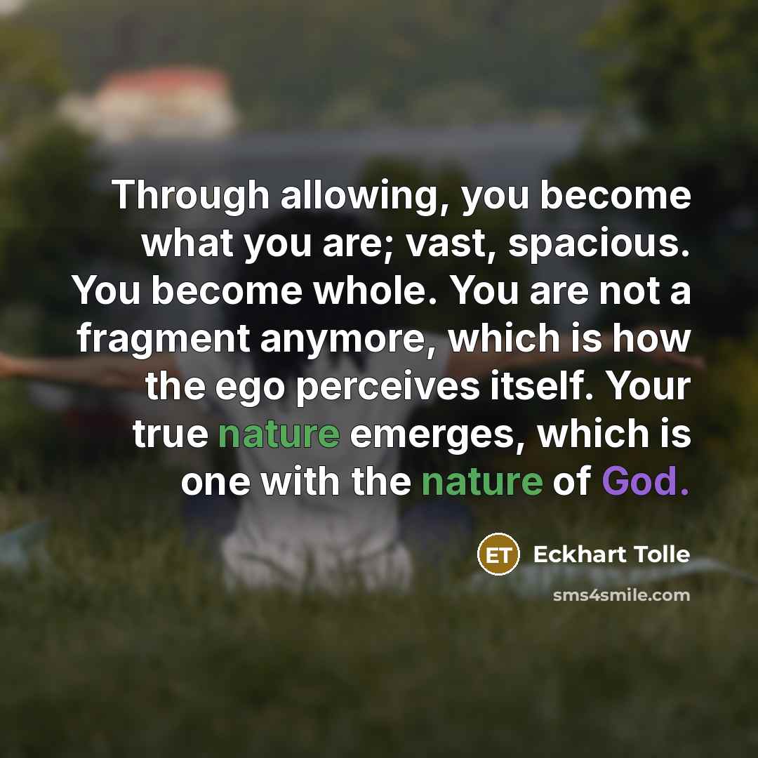 “Through allowing, you become what you are; vast, spacious. You become whole. You are not a fragment anymore, which is how the ego perceives itself. Your true nature emerges, which is one with the nature of God.” quote by Eckhart Tolle