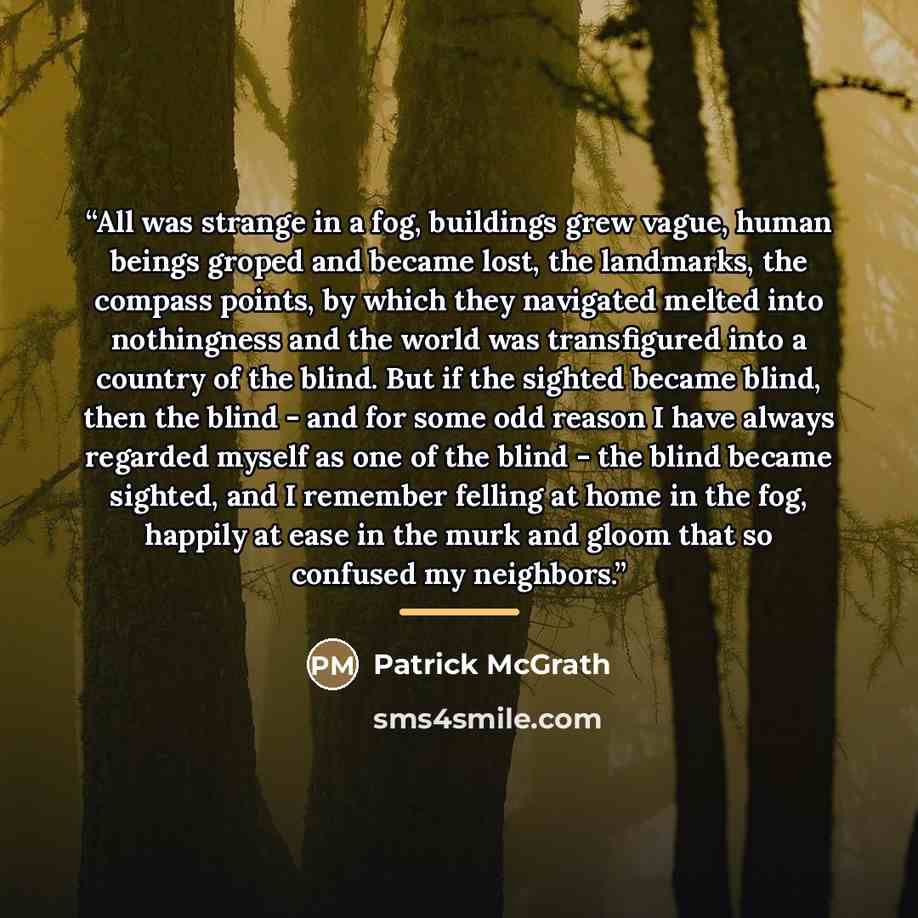 “All was strange in a fog, buildings grew vague, human beings groped and became lost, the landmarks, the compass points, by which they navigated melted into nothingness and the world was transfigured into a country of the blind. But if the sighted became blind, then the blind - and for some odd…” quote by Patrick McGrath