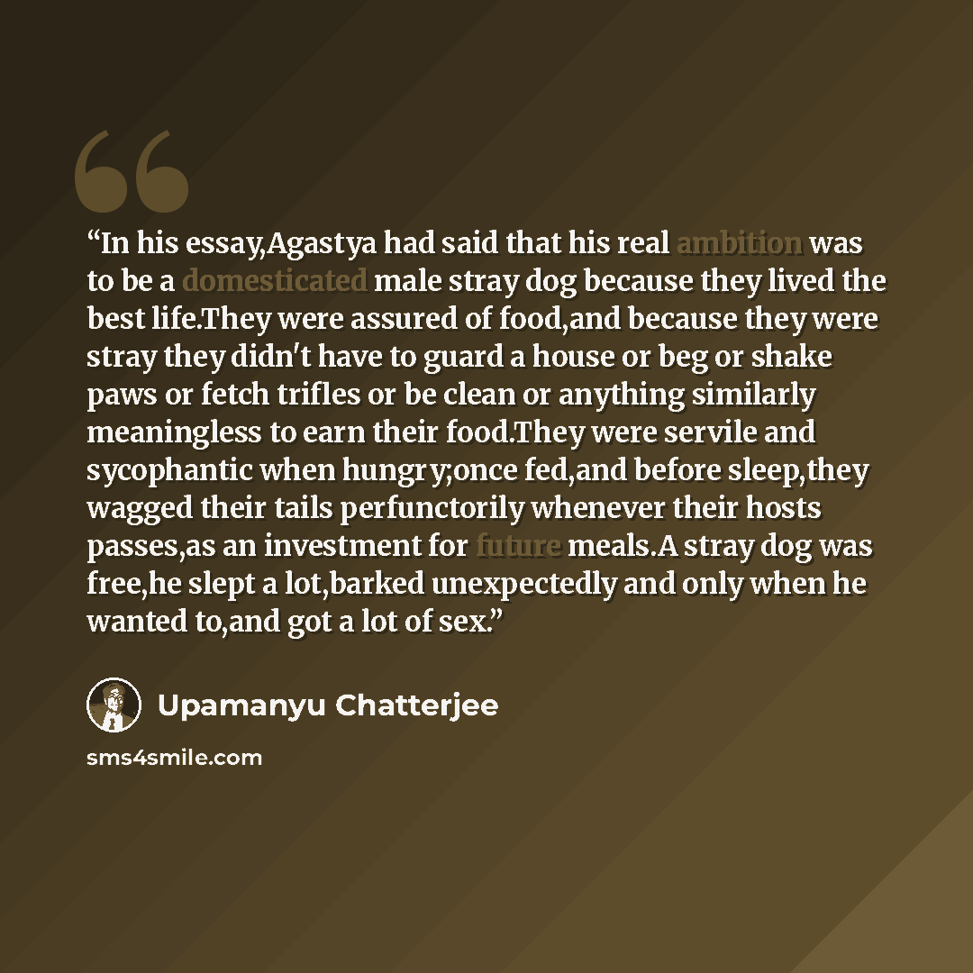“In his essay,Agastya had said that his real ambition was to be a domesticated male stray dog because they lived the best life.They were assured of food,and because they were stray they didn't have to guard a house or beg or shake paws or fetch trifles or be clean or anything similarly meaningless…” quote by Upamanyu Chatterjee