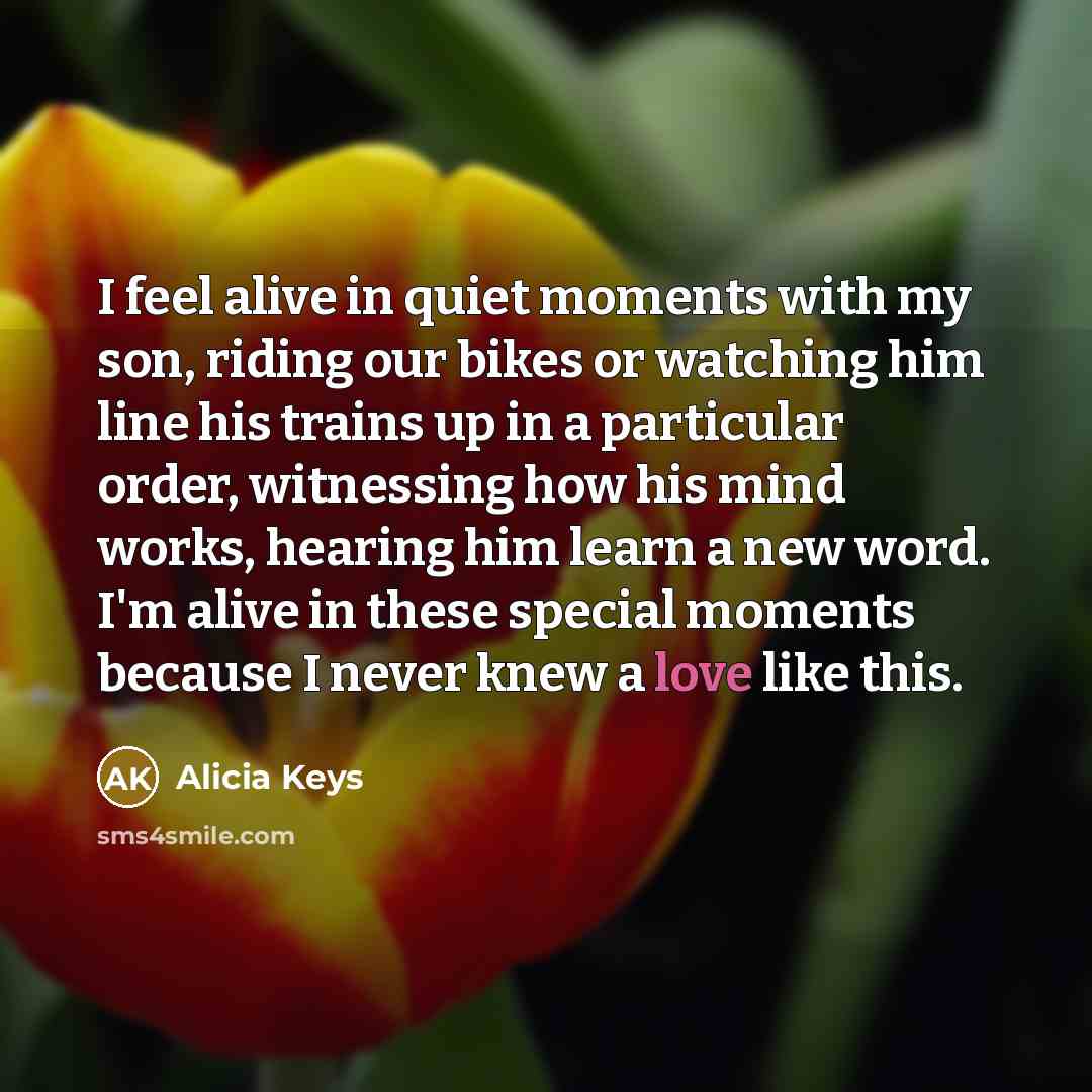 “I feel alive in quiet moments with my son, riding our bikes or watching him line his trains up in a particular order, witnessing how his mind works, hearing him learn a new word. I'm alive in these special moments because I never knew a love like this.” quote by Alicia Keys