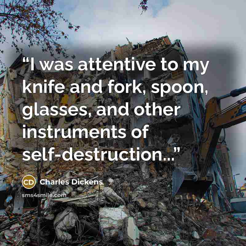 “I was attentive to my knife and fork, spoon, glasses, and other instruments of self-destruction...” quote by Charles Dickens