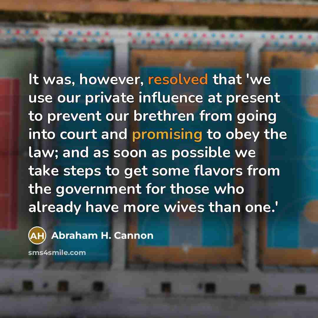 “It was, however, resolved that 'we use our private influence at present to prevent our brethren from going into court and promising to obey the law; and as soon as possible we take steps to get some flavors from the government for those who already have more wives than one.'” quote by Abraham H. Cannon