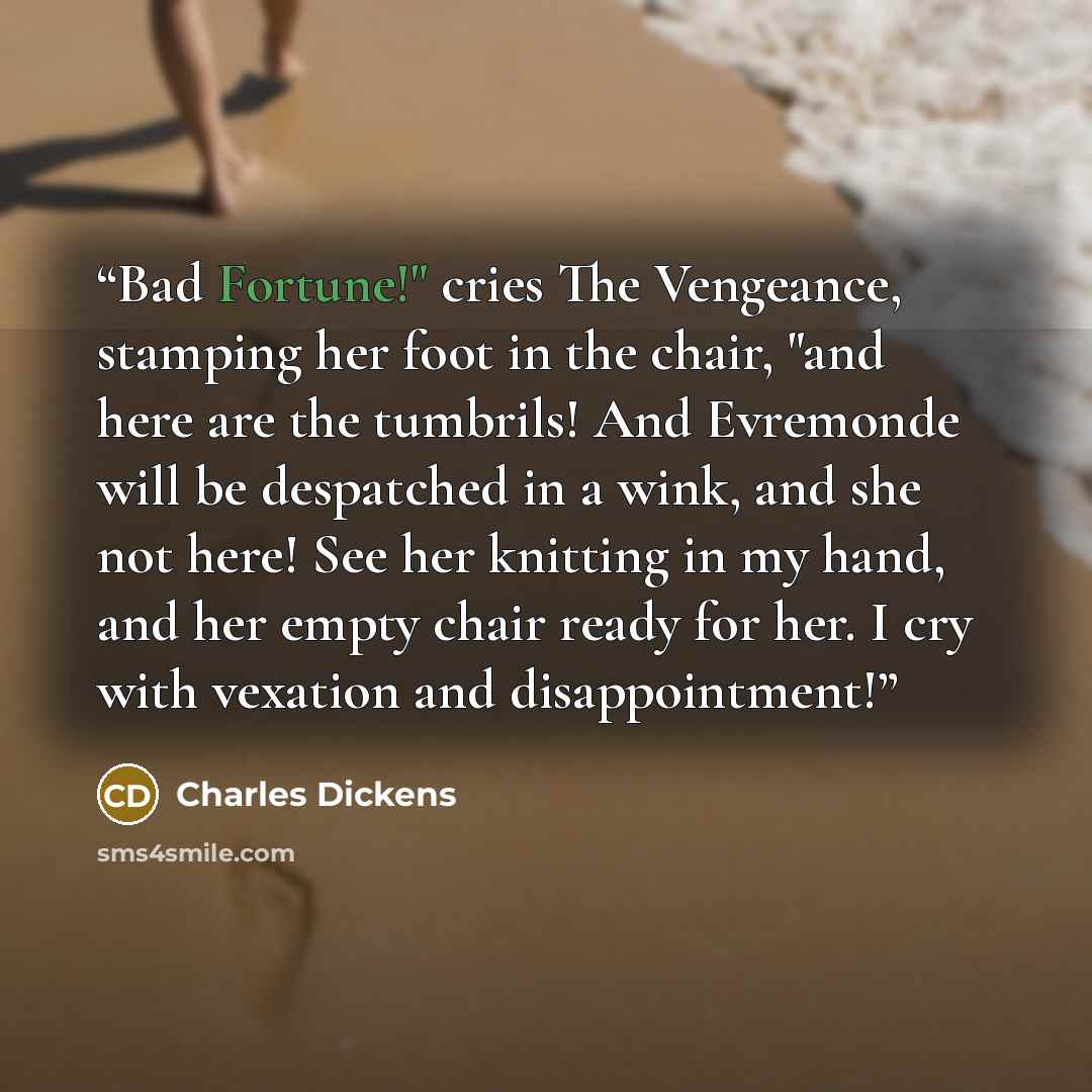 “Bad Fortune!" cries The Vengeance, stamping her foot in the chair, "and here are the tumbrils! And Evremonde will be despatched in a wink, and she not here! See her knitting in my hand, and her empty chair ready for her. I cry with vexation and disappointment!” quote by Charles Dickens