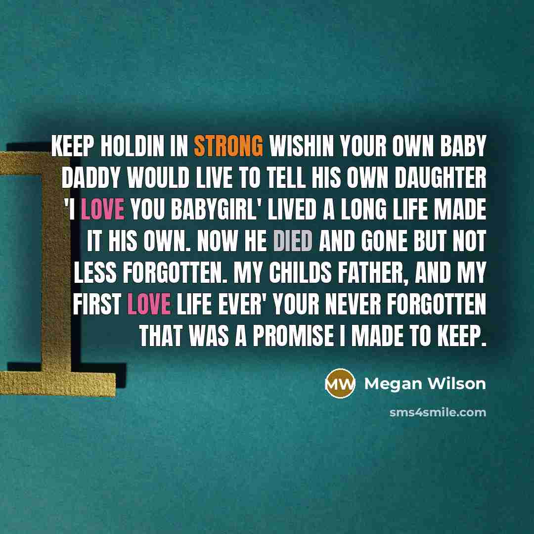 “Keep holdin in strong wishin your own baby daddy would live to tell his own daughter 'i love you babygirl' lived a long life made it his own. Now he died and gone but not less forgotten. my childs father, and my first love life ever' your never forgotten that was a promise I made to keep.” quote by Megan Wilson