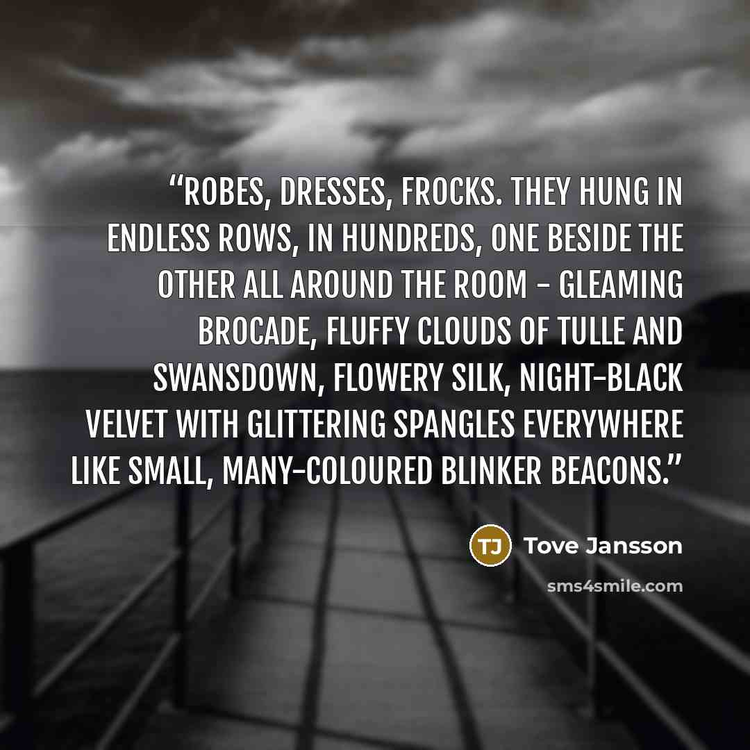 “Robes, dresses, frocks. They hung in endless rows, in hundreds, one beside the other all around the room - gleaming brocade, fluffy clouds of tulle and swansdown, flowery silk, night-black velvet with glittering spangles everywhere like small, many-coloured blinker beacons.” quote by Tove Jansson