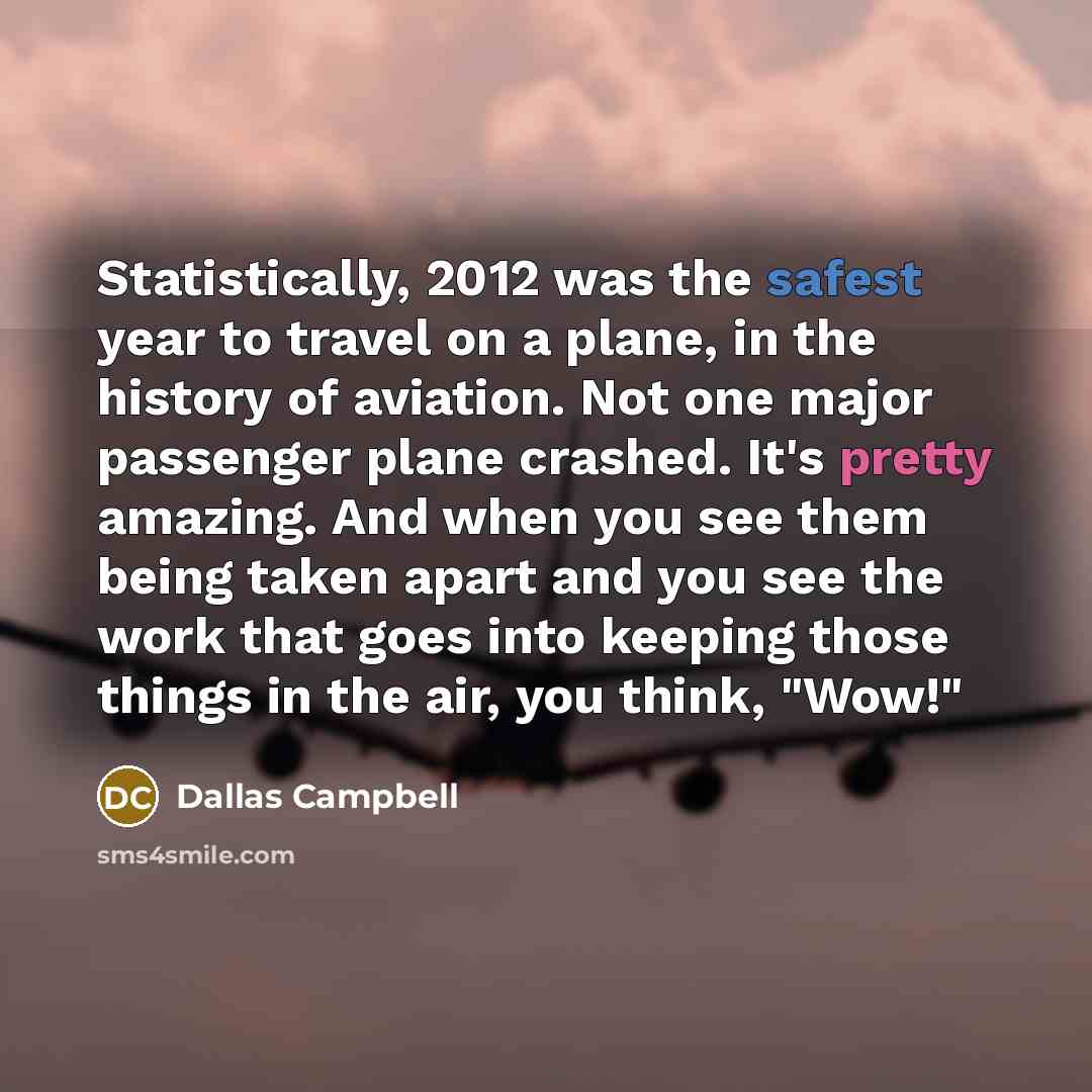 “Statistically, 2012 was the safest year to travel on a plane, in the history of aviation. Not one major passenger plane crashed. It's pretty amazing. And when you see them being taken apart and you see the work that goes into keeping those things in the air, you think, "Wow!"” quote by Dallas Campbell