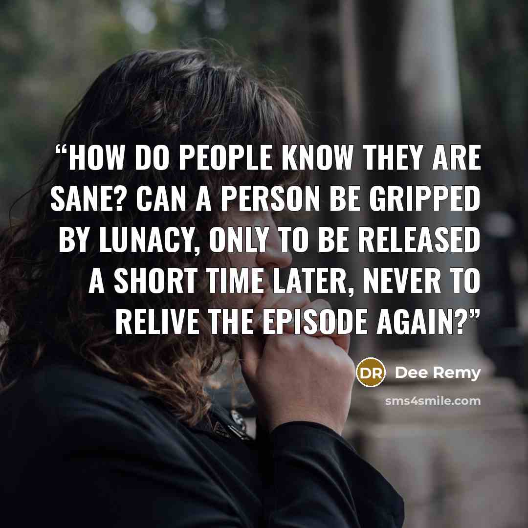 “How do people know they are sane? Can a person be gripped by lunacy, only to be released a short time later, never to relive the episode again?” quote by Dee Remy