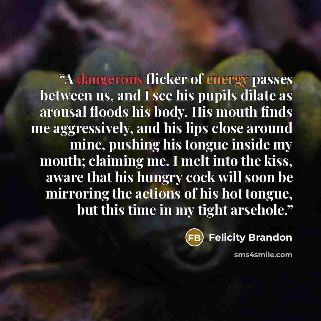“A dangerous flicker of energy passes between us, and I see his pupils dilate as arousal floods his body. His mouth finds me aggressively, and his lips close around mine, pushing his tongue inside my mouth; claiming me. I melt into the kiss, aware that his hungry cock will soon be mirroring the…” quote by Felicity Brandon